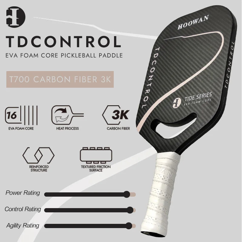 HOOWAN TDCONTROL Pickleball Paddle Tide Series EVA Foam Core 16MM Thermoformed Pickleball Paddle T700 Carbon Fiber 3K